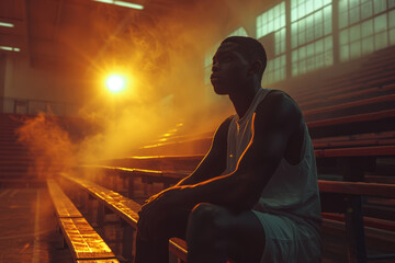 Despondent athlete sits alone on bleachers in a deserted basketball court, illuminated by a golden light