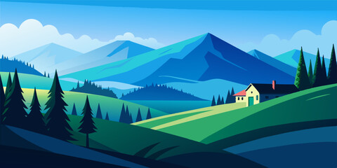 Vector Illustration of beautiful summer fields landscape with a dawn, green hills, bright color blue sky background