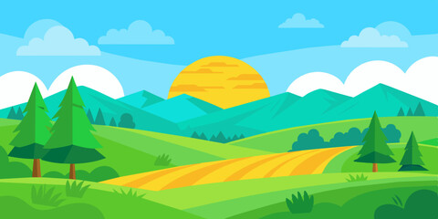 Vector Illustration of beautiful summer fields landscape with a dawn, green hills, bright color blue sky background