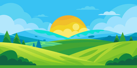 Vector Illustration of beautiful summer fields landscape with a dawn, green hills, bright color blue sky background