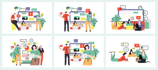 Fototapeta premium Web page design template for designing and programming vector illustration. Man working on mobile application, coding and prototyping web page. Web landing page design.
