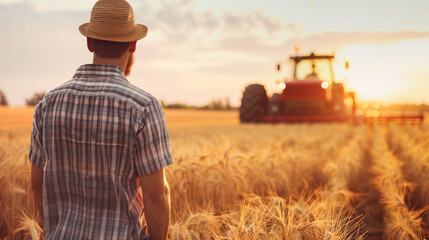 A farmer gazes over a ripe wheat field at sunset with a tractor in the background, symbolizing rural life and agriculture.