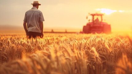 A farmer gazes over a ripe wheat field at sunset with a tractor in the background, symbolizing rural life and agriculture.