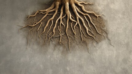 Highly detailed image showcasing a network of tree roots against a textured grey background, emphasizing the intricate natural patterns.