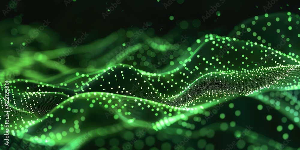 Poster abstract green glowing dots background. futuristic wave. 3d rendering.