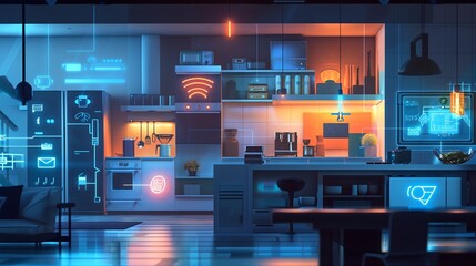 Obraz premium Smart Home Harmony: IoT Devices like Smart Refrigerators, Coffee Makers, and Ovens Interconnect to Streamline Daily Tasks and Elevate Lifestyle