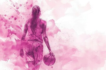 A watercolor painting of a female basketball player in a pink uniform dribbling the ball.