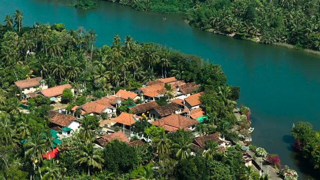 Aerial view of lush village along River Maha Oya with palm trees and traditional houses, Negombo, Sri Lanka.