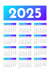 Calendar for 2025 isolated on a white background