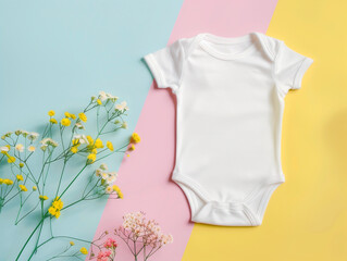 Fun gender reveal blank white baby short sleeve POD jumpsuit mock up on orange aqua minimal yellow dried flowers background elegant cozy farmhouse boho babies print on demand vibe copy space