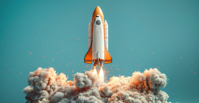 An orange and white rocket is seen taking off into the sky, leaving a trail of exhaust as it gains altitude.