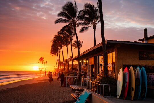 A Bustling Surf Shop on a Tropical Beachfront at Dusk with Surfers Wrapping Up Their Day - Powered by Adobe
