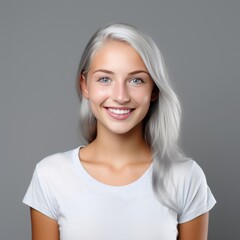 Silver background Happy european white Woman realistic person portrait of young beautiful Smiling...