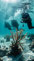 Underwater Coral Restoration Efforts, concept for documentaries about ocean conservation, educational materials on marine biology, and campaigns promoting coral reef protection