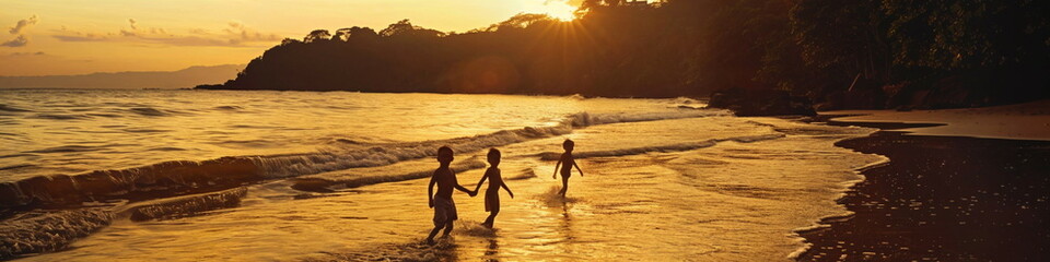 Fototapeta premium Children Strolling on a Sunset Beach with Silhouetted Reflections, scenic view, relaxation, vacation moment, design template, space for text, travel inspiration, banner, lifestyle image