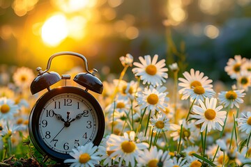 A vintage alarm clock surrounded by a vibrant array of spring flowers on a soothing pastel background, illustrating the concept of spring time
