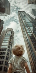 Fototapeta na wymiar small blond kid standing against big city