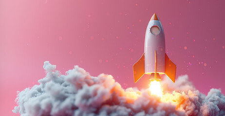 Fototapeta premium A rocket taking off into the sky against a pink background.