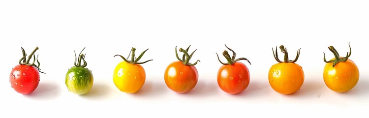 cherry tomatos in a row isolated on white background