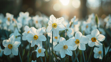 Many beautiful narcissus flowers growing outdoors.