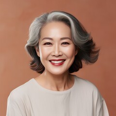 Tan Background Happy Asian Woman Portrait of Beautiful Older Mid Aged Mature Smiling Woman good mood Isolated Anti-aging Skin Care Face Beauty Product Banner with copyspace