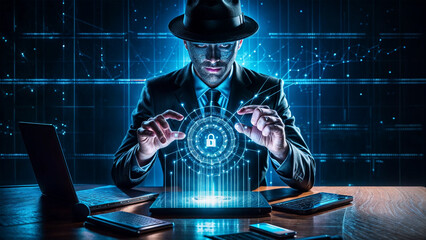 Front view of hacker in web hologram interface, glowing circuit of icons and information. Internet, innovation and cyber attack
