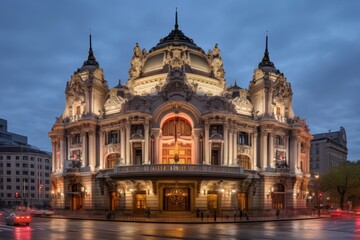 Obraz premium An Iconic Downtown Cinema Building Glowing in the Evening Light with a Crowd of Moviegoers