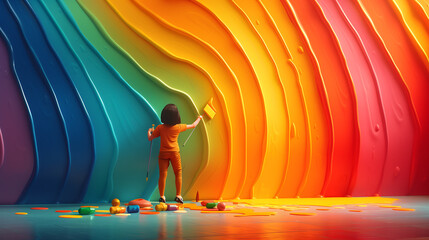 A 3D illustration of a character painting a large rainbow mural, representing creativity and expression in the LGBTQ+ community