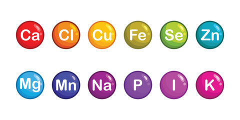 Set of multimineral complex icons, mineral supplement Ca, CI, Cu, Fe, I, K, Mg, Mn, Na, P, Se, Zn.