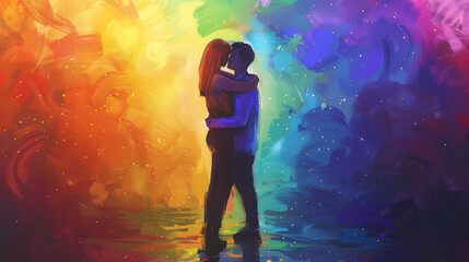An illustration of two characters embracing with a rainbow backdrop, symbolizing love and acceptance in the LGBTQ+ community