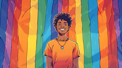 An illustrated character standing in front of a rainbow wall, holding a pride flag and smiling, representing LGBTQ+ pride and visibility