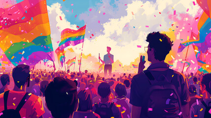An illustrated scene of a character speaking at a pride rally, with a large crowd and rainbow flags in the background, representing LGBTQ+ activism and advocacy