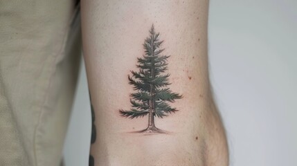 A small, simple pine tree tattoo design drawn in colored pencil on light skin for man