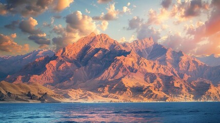 Mountain landscape of Tiran island in the Red Sea at sunset