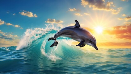 Two dolphins jumping out of the ocean with the sun rising in the background.

