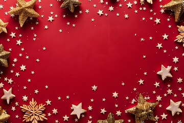 Red Background with White Snowflakes and Golden Stars