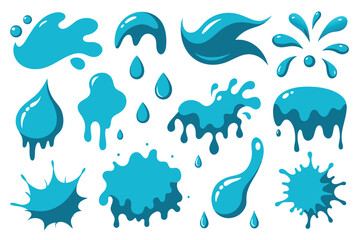 Silhouettes of liquid splashes, waves, drops set. Ocean or sea splatters and water spray, falling droplets, paint stains collection