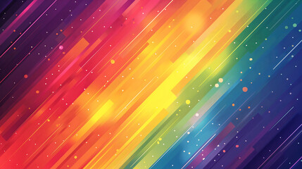 illustrated background with rainbow stripes and geometric shapes, representing the vibrancy and energy of LGBTQ+ pride