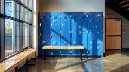Blue metal storage lockers with an accompanying wooden bench are situated in a locker area, with various doors in different states of open or closed