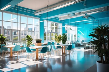 Modern Office Space with a Lively Atmosphere and Vibrant Cyan Color Scheme