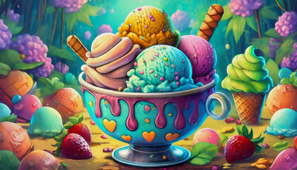 oil painting style cartoon illustration ice cream in cup for dessert,