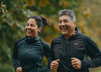 A man and woman in their late thirties, dressed for running with dark blue t-shirts, wearing black shorts or leggings, smiling as they run side by side through the park on an autumn morning