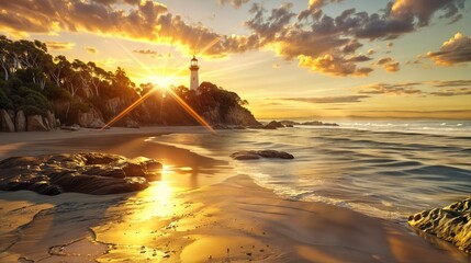 A golden sunset reflects off the beach and rocks, with a lighthouse on a cliff in the - Powered by Adobe