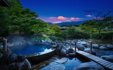Onsen, landscape outdoor with nature, relaxation and calm rejuvenation, Japan style