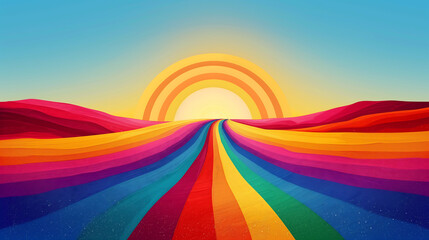 illustrated background with a rainbow path leading to a horizon, symbolizing the journey and progress of the LGBTQ+ community