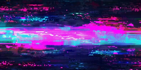 Naklejka premium Futuristic glitch art with vibrant neon colors and digital abstract patterns, retro vhs scanlines or tv signal static noise overlay pattern television screen or video game pixel glitch damage 