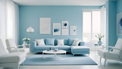 Almost total blue interior with modern furnitures and white accents