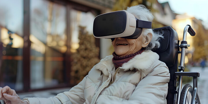 A senior woman in a wheelchair is wearing a vr headset