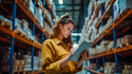 Fototapeta premium Young woman using digital tablet in warehouse, managing inventory