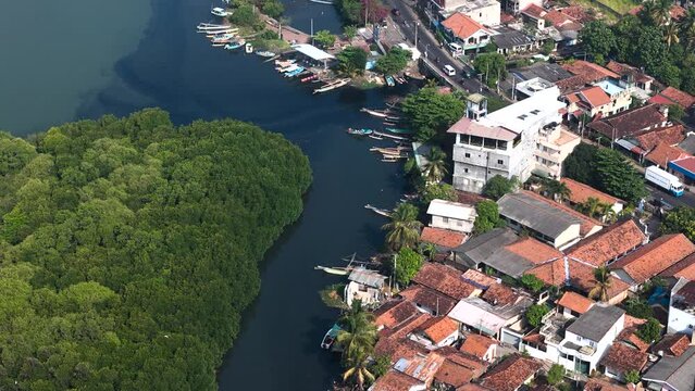 Aerial view of Negombo Lagoon with boats, houses, trees, and streets, Negombo, Sri Lanka.